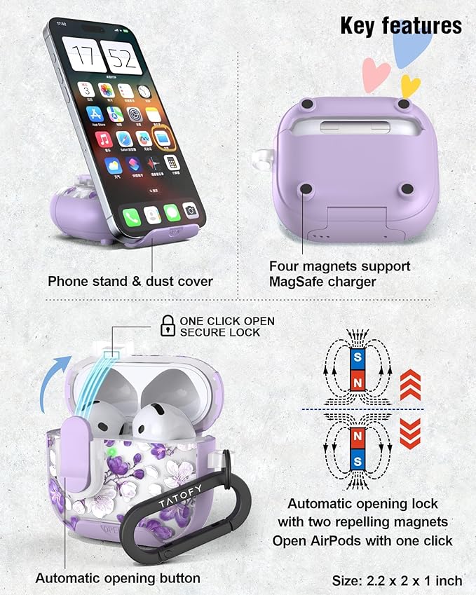 TATOFY for AirPods 4th Generation Case with Phone Stand Lanyard Lock Cleaning Kit, Compatible with Magsafe, Flowers Hard AirPod 4 Cover for Women (Purple, AirPods 4th)