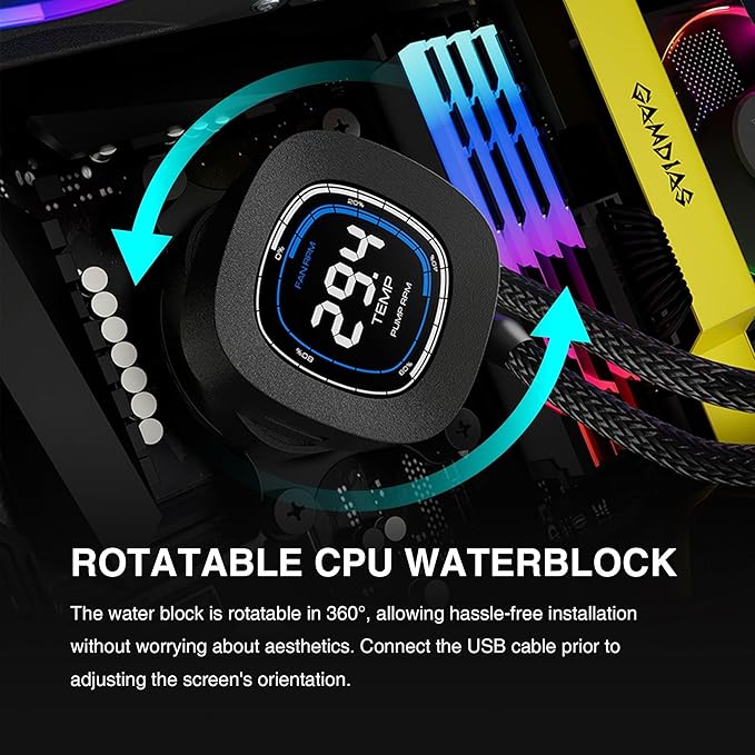 GAMDIAS 240mm CPU Liquid Cooler AIO w/ 2.1" Display & Customized Software, CPU Water Cooler w/Thick Radiator and ARGB PWM 2X 120mm Computer PC Case Fans, Compatible w/Intel 1700/1200 & AMD AM5/AM4