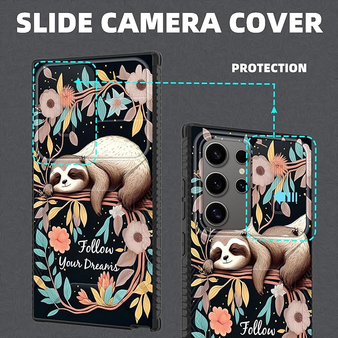 for Galaxy S25 Ultra Case Built in Slide Camera Lens Cover,Heavy Duty Shockproof Protection Dual Layer Case for Samsung Galaxy S25 Ultra 6.9" 2025,Cute Baby Sloth On The Tree