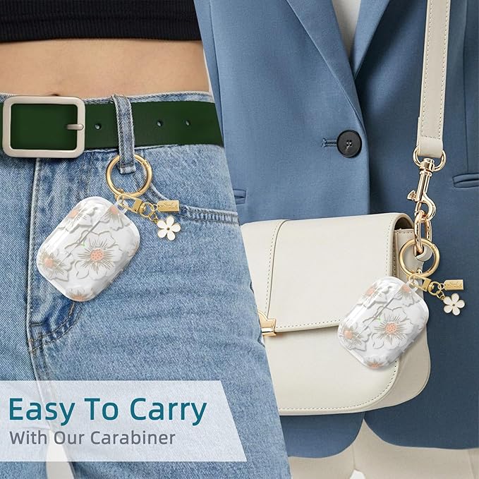 Compatible with AirPods Pro 2 Case Cover 2022, Soft TPU with Cute Flower Pattern for AirPods Pro 2nd/1st Generation Case with Flower Keychain and Carabiner for Girls Women (White)