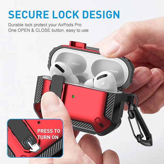 Maxjoy for AirPods Pro Case Cover with Lock, AirPods Pro 1st Generation Case for Men Military Rugged Protective Cover with Keychain Compatible with Apple AirPod Pros 2019 Front LED Visible, Red Camo