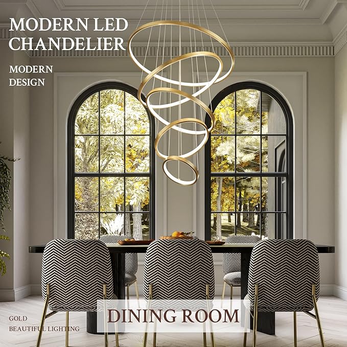 5 Ring Modern LED Chandelier Dimmable Gold High Ceiling Chandeliers for Foyer, LED Contemporary Large Pendant Lighting with Remote Control Circular for Living Room Staircase, 3000K-6500K