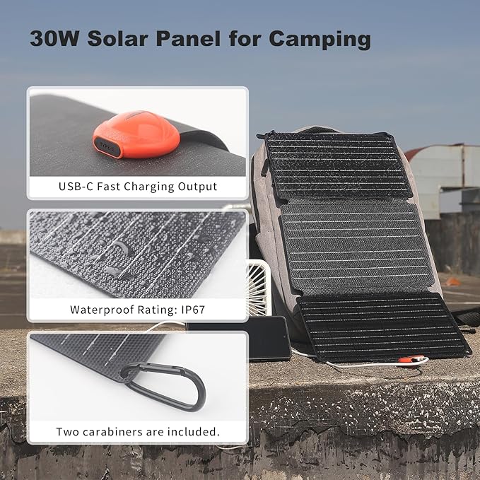 EYONGPV 30W Portable Foldable Solar Panel & Solar Charger with Croc-Eye USB-C PD Fast Charging Output, IP67 Waterproof Compact Solar Charger for Phones, Power Banks, Camping, Hiking, Backpacking