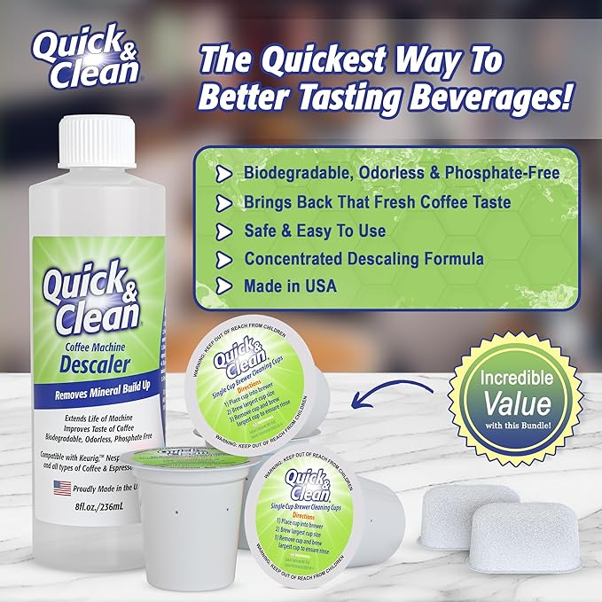 Quick & Clean 4-Pack of Cleaning Cups + 2 Filters with Descaler Bundle (2 Total Uses) - 2.0 Compatible, Descaling Solution for Keurig, Nespresso, Ninja, Delonghi, All Coffee and Espresso Machines…