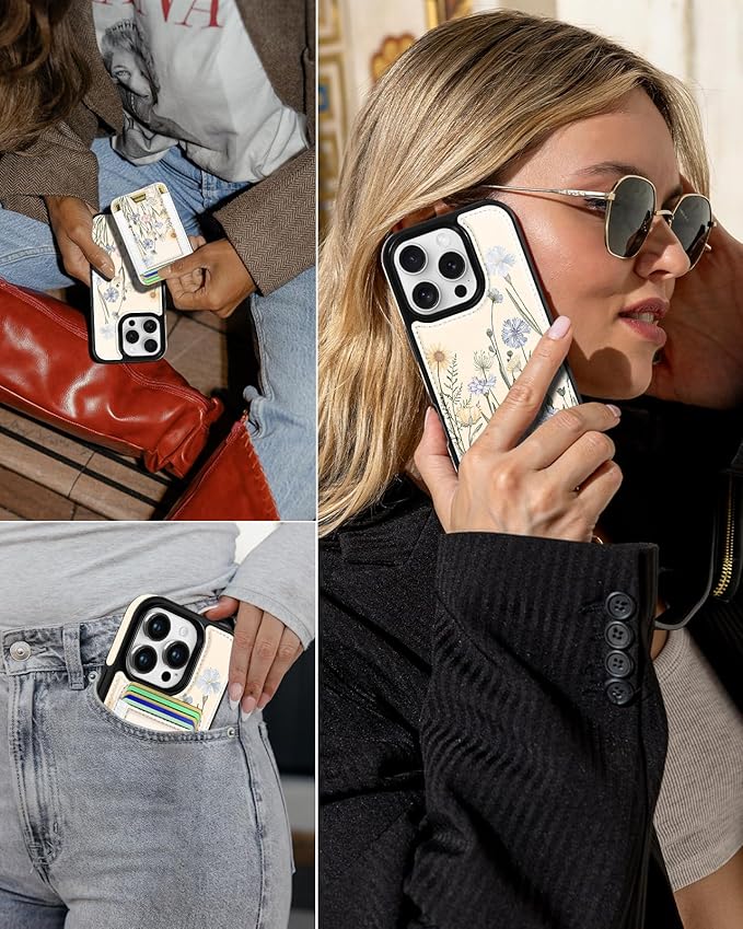 Shorogyt for iPhone 16 Pro Case Wallet - Fits 5 Cards, Compatible with Magsafe Detachable Magnetic Credit Card Holder Leather Cardholder Cute Phone Cover Women Girls for Apple 16Pro, Color Flower