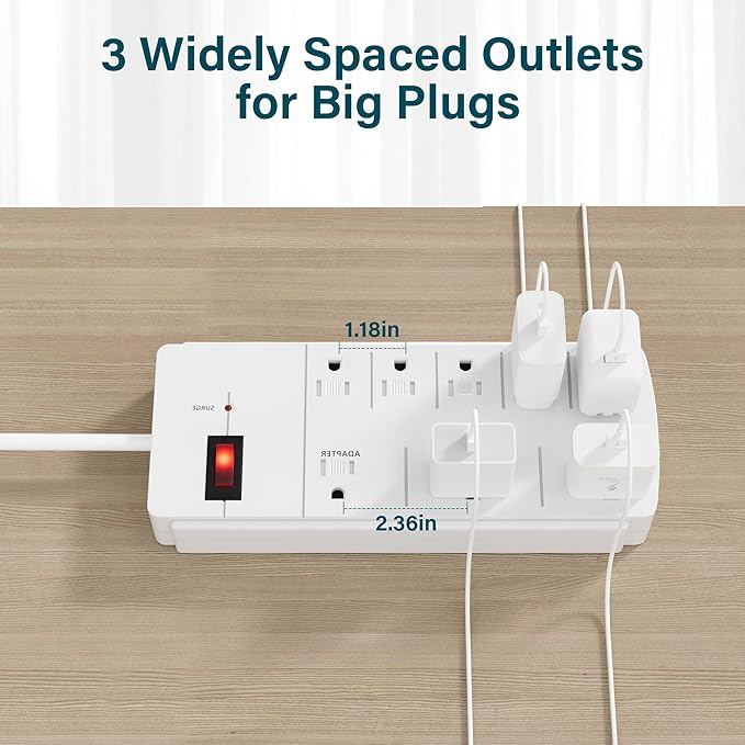 Elecan Surge Protector Power Strip with 8 Ft Extension Cord, 8 Widely Spaced Outlets with Safety Cover, 45 Degree Flat Plug Wall Mountable Multi Outlet Extender, Heavy Duty 14AWG, 1200J/125V,ETL-White