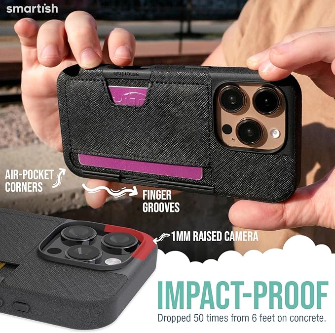 Smartish® iPhone 16 Pro Wallet Case - Wallet Slayer Vol. 2 [Slim + Protective] Credit Card Holder w/Kickstand - Drop Tested Hidden Card Slot Cover Compatible w/Apple iPhone 16 Pro - Black Tie Affair