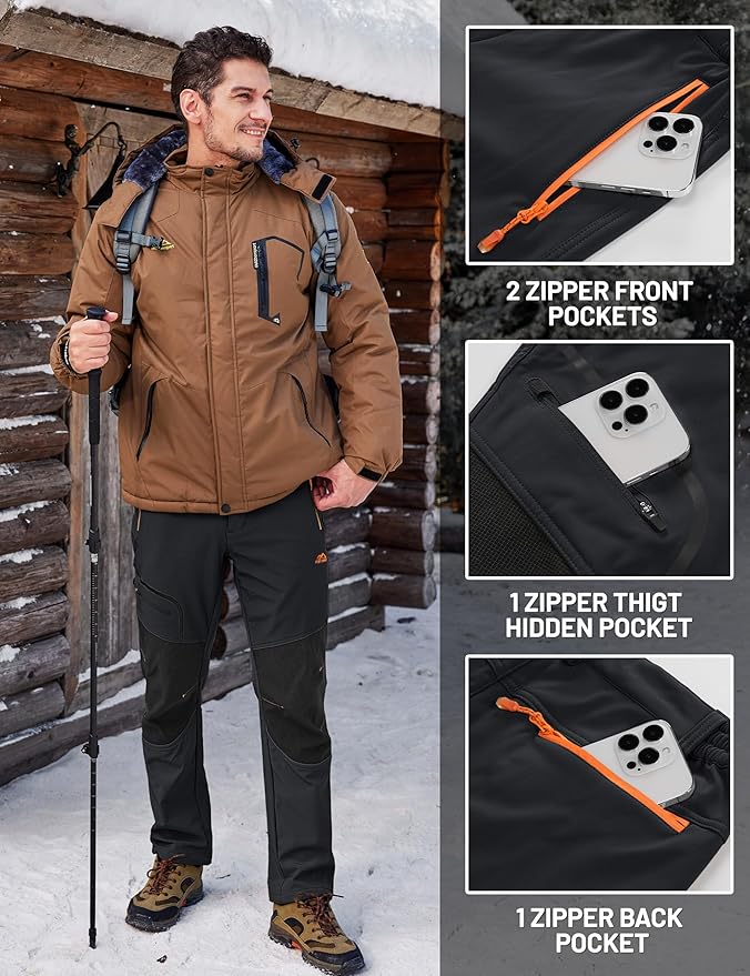 TACVASEN Men's Snow Ski Pants Fleece Lined Winter Pants for Men Water Resistant Thermal Snowboard Hiking Hunting Work