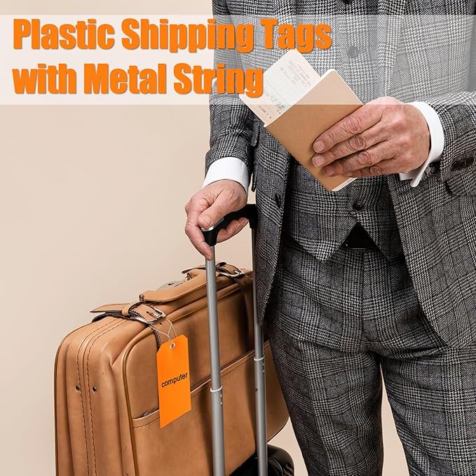 100 Pieces 3x6 inch Large Plastic Shipping Tags with String Heavy Duty Waterproof Hang Tags with String Attached Writable Wire Tags Labels for Luggage Garage Inventory Car Parts (Orange)