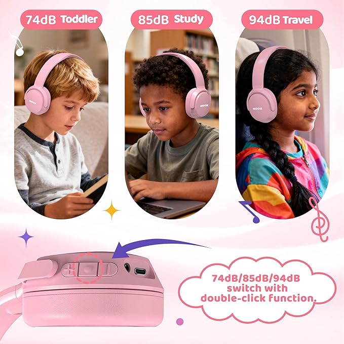 MIDOLA Headphones for Kids Bluetooth 5.4 Wireless 68H Play Time Volume Limit 85/94dB Over-Ear Foldable Headset,with Mic Wired Aux for Toddler Child Boy Girl School Pad Tablet Pink