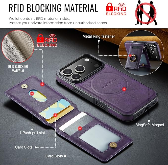Wallet Case for iPhone 17 Pro, 2 in 1 Strong Magnetic Detachable, Shockproof Phone Case Compatible with MagSafe, Slim Leather Wallet RFID Blocking 5-Card Holder Ring Grip Stand (Purple)