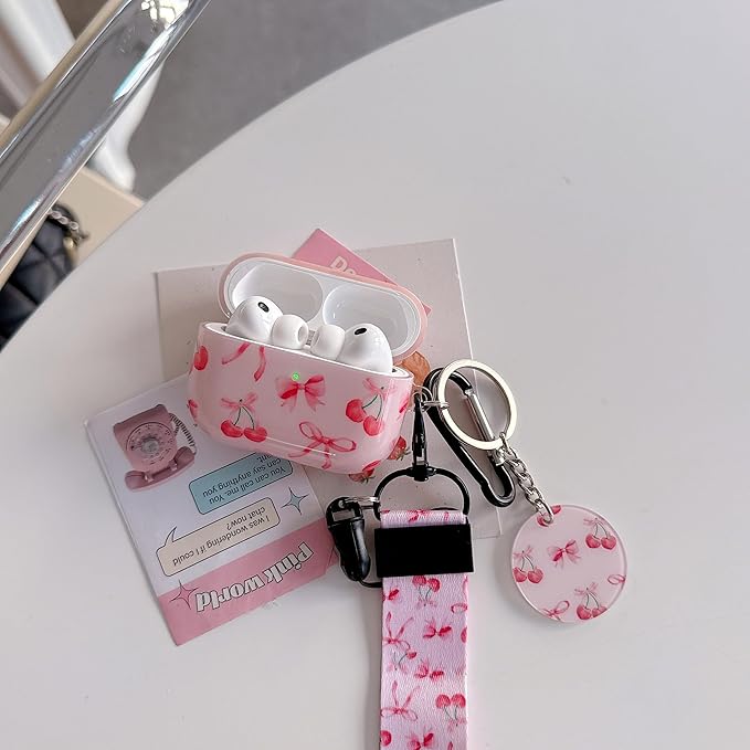 Cute Pink Ribbon Bow Cherry Design Air Pod Pro 3 Generation Case（2025） with Bow Cherry Lanyard Keychain，Unique IMD Process TPU Soft Pro 3 Case
