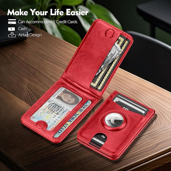 Compatible with Magsafe Case with RFID Blocking Card Holder AirTag pocket for iPhone 17/16/15/14/13/12 Pro/Pro Max/PlusSeries,Not Fit iPhone Mini,Red