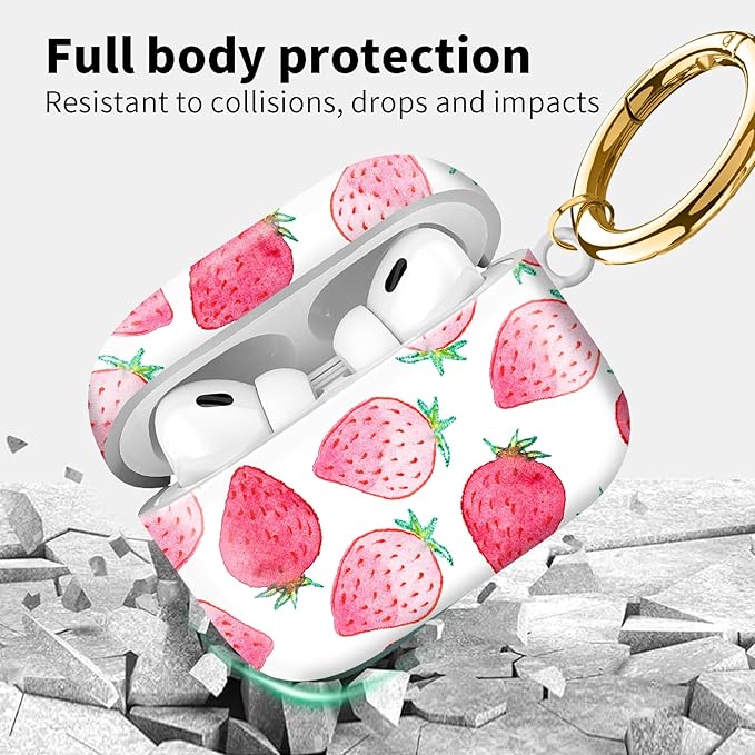 Compatible with Airpod pro 2nd/1st Generation Case Cover with Gold Round Keychain Cute Pattern Hard & Anti Slip Cover for Men Women & Girls（Pink Strawberry）