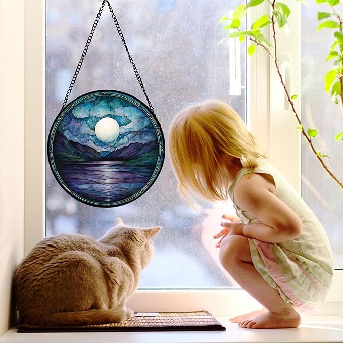 Stained Glass Window Hanging, Blue Night Moon Lake Sun Catchers Colorful Glass Panel Landscape Suncatcher Decor for Birthday for Women, Men, Wife, Aunt, and Mom 9.8 in
