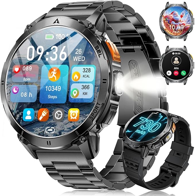 LIGE Smart Watches for Men with LED Flashlight/Call, 1,62'' HD AMOLED Screen 730mAh Military Smartwatches with 110+ Sports, 3ATM Fitness Tracker with 24/7 Heart Rate/Sleep for iOS Android, Black