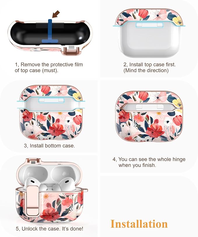 TATOFY for AirPods Pro 3rd (2025) Generation Case with Lock Carabiner Cleaner, Slim AirPod Pro 3 Hard Case Cover, Compatible with MagSafe (Water Pink)