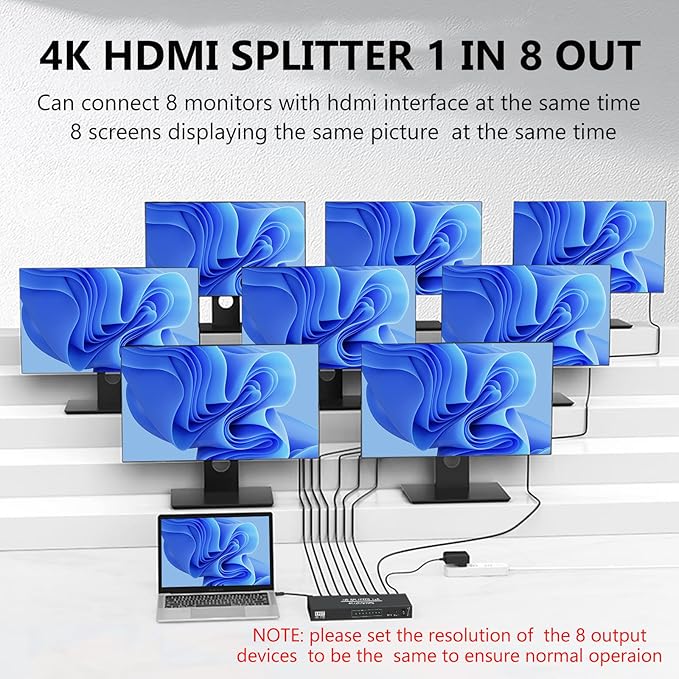 4K 1x8 HDMI Splitter 1 in 8 Out-8 Port Powered hdmi Splitters Multi Monitor Outputs Support 4Kx2K@30Hz 3D for Project/Office/Projector/HDTV/PS4