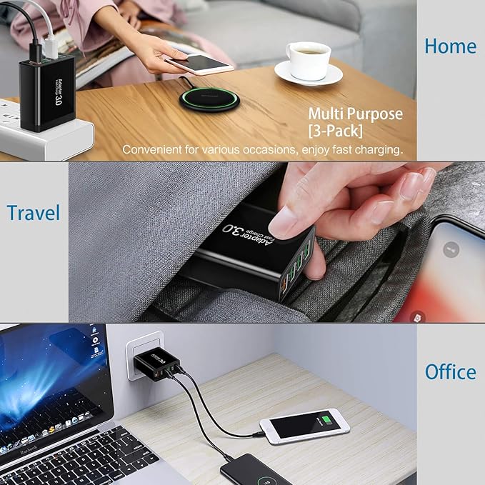 Fast Charging 3.0 Wall Charger, 4-Port USB Charger Block, iSeekerKit Multi USB Power Adapter, Dual Charging Box Plug Brick Cube Compatible for iPhone 16e 16 15 Pro Max,iPad,Samsung S25 S24,Pixel 7