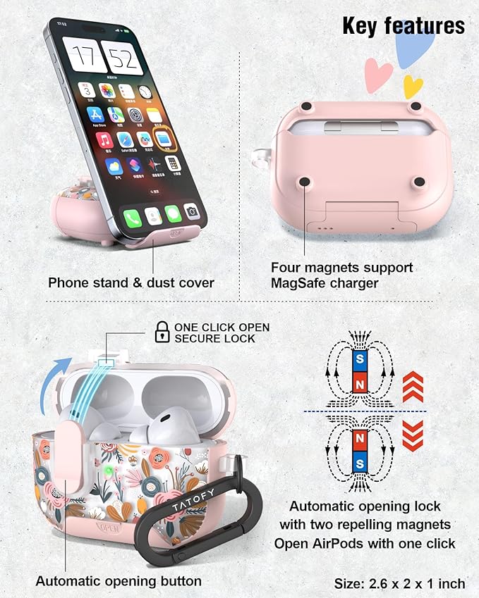 TATOFY for AirPod Pro 3 Case (2025) with Phone Stand Lanyard Lock Cleaning Kit, Compatible with Magsafe Flowers Hard AirPods Pro 3rd Generation Cover for Women (Pink, AirPods Pro 3)