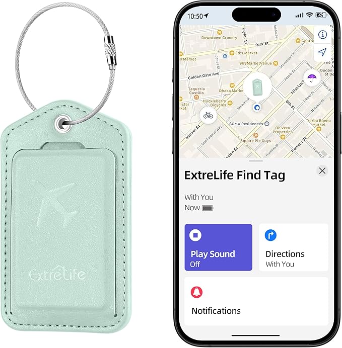 Luggage Tags, Works with Apple Find My, Leather Luggage Tag for Suitcases, Travel Tags, Bag Tag, Suitcase Tag with Privacy Flap, Anti-Lost Smart Luggage Tracker, Travel Essentials, Light Green