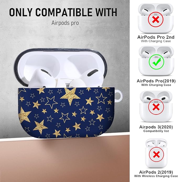 for Airpods Pro Case, Cute Cool Golden Stars Pattern TPU Soft Cases for Airpods Pro Case 1st Gen, Shockproof for Airpods Pro 2019 Case Men Women with Cleaner Kit & Keychain