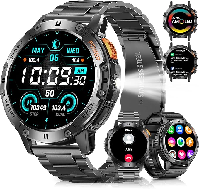 Military Smart Watches for Men with Bluetooth Call, 1.43" AMOLED Waterproof Smartwatch with Flashlight, 111 Sport Modes, 530mAh Heart Rate/SpO2/Sleep Monitor Fitness Tracker for Android iOS