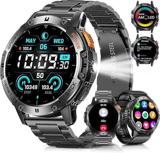 Military Smart Watches for Men with Bluetooth Call, 1.43" AMOLED Waterproof Smartwatch with Flashlight, 111 Sport Modes, 530mAh Heart Rate/SpO2/Sleep Monitor Fitness Tracker for Android iOS