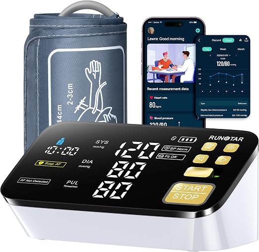 RunStar Smart Blood Pressure Monitor for Home Use, with Wide Upper Arm Blood Pressure Cuff (8.6'' -17.3''), FSA&HSA Eligible, 6.5'' Clear LED Display, AFib Detection, Connect App for iOS & Android
