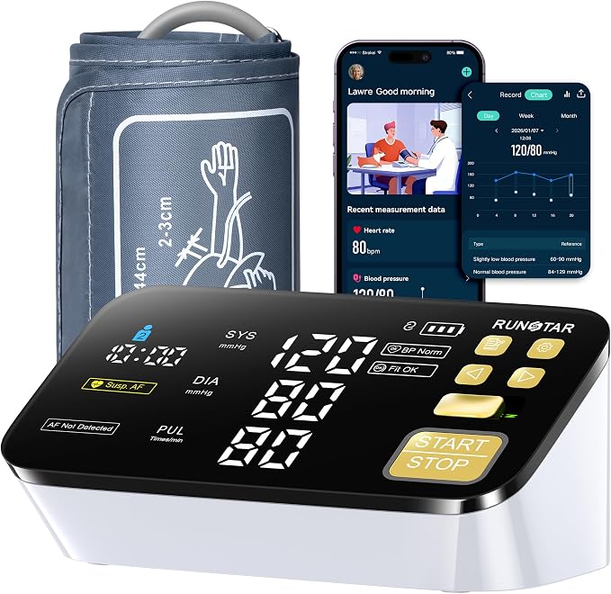 RunStar Smart Blood Pressure Monitor for Home Use, with Wide Upper Arm Blood Pressure Cuff (8.6'' -17.3''), FSA&HSA Eligible, 6.5'' Clear LED Display, AFib Detection, Connect App for iOS & Android