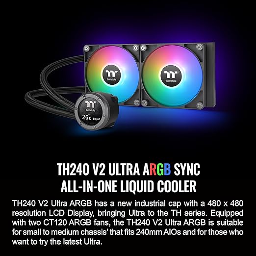 Thermaltake TH240 V2 Ultra ARGB Sync/AlO Liquid Cooler/ARGB Fan 120 * 2/PWM 500~1500rpm/Water Block 2.1" LCD/Black, CL-W383-PL12SW-A