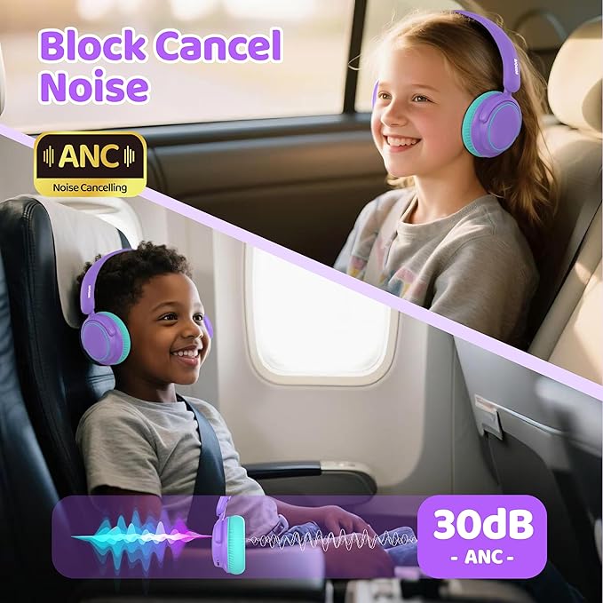 MIDOLA Kids Wireless Headphones Active Noise Cancelling Lightweight Bluetooth Headphone for Kid,Volume Limited 85/94dB Foldable Over-Ear Headset with Mic,68 Hours Playtime,for Toddler Child Purple