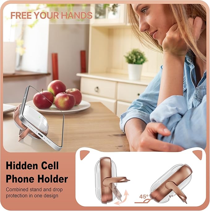 RFUNGUANGO AirPods 4 Case for Women Girly Cat Case with Lock, Phone Stand,Keychain & Cleaner Kit, Compatible with Apple Airpods 4th Generation Case Cover, Transparent Gold