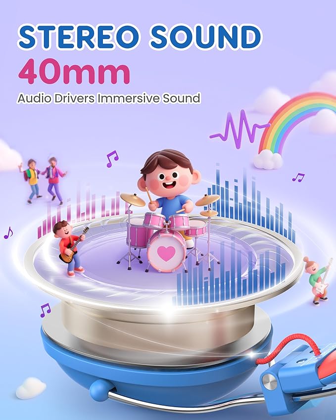 Kids Headphones, 74/85dB Safe Volume Limit, Stereo Sound, Wired On-Ear Headphones for Kids Boys Girls, 3.5mm Jack for Tablet, iPad, Kindle, YOTO Player, Airplane Travel, Blue