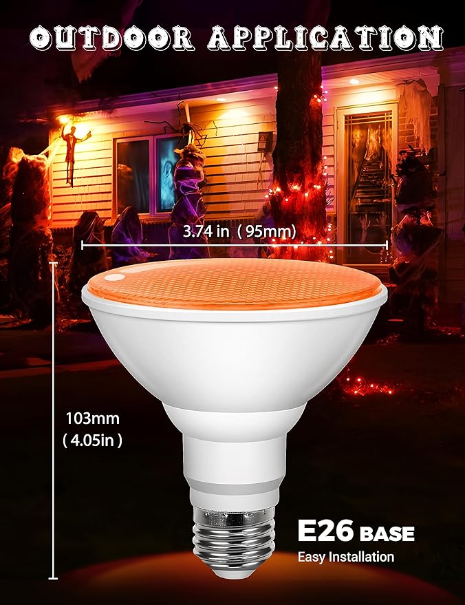 JandCase Halloween Orange Light Bulb Outdoor, LED PAR30 Orange Flood Lights 12W(100W Equivalent), E26 Colored Light Bulbs for Porch Home Lighting, Theme Party Decor, Courtyard, Not-Dimmable, 2 Pack