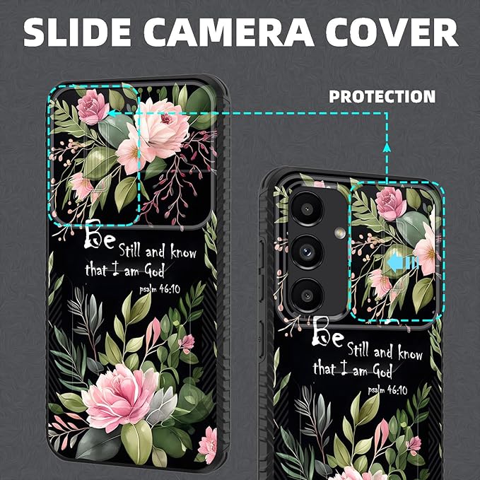 for Galaxy S24 FE Case Built in Slide Camera Lens Cover,Heavy Duty Shockproof Protection Dual Layer Case for Samsung Galaxy S24 FE 5G 6.7" 2024,Flower Bible Verse Psalm 46:10