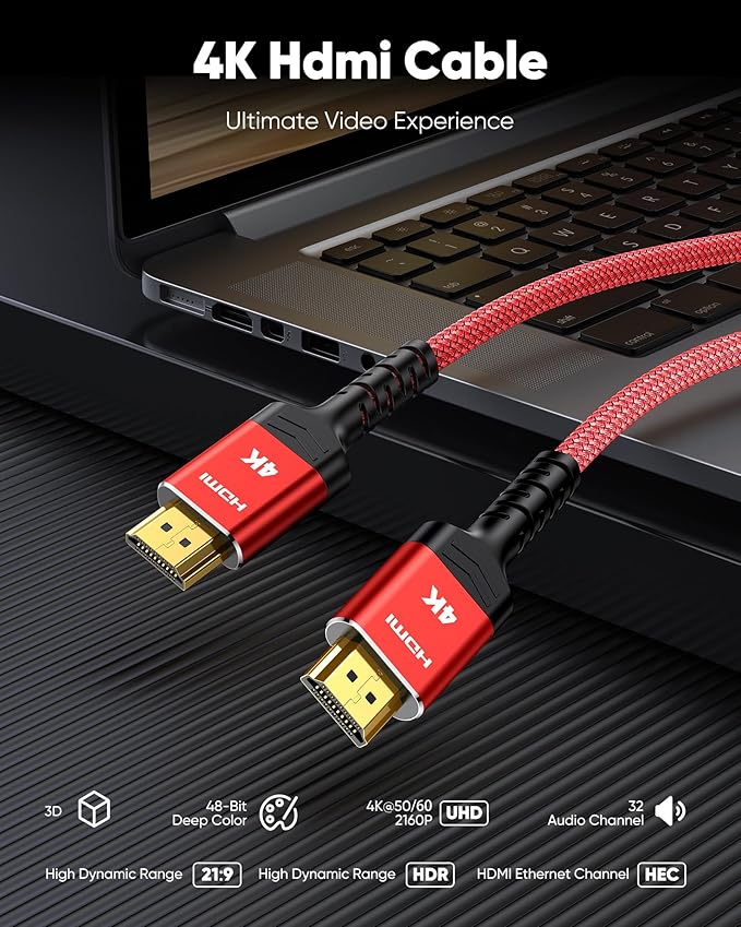 Highwings 4K Long HDMI 2.0 Cable 15FT/4.5m - 4K@60Hz HDR Braided HDMI Cord, 18Gbps High Speed with Ethernet/ARC, 3D, HDCP 2.2, ARC, Compatible for PS-5/4/3/4K HDTV/Monitor/Projector/Streaming Media