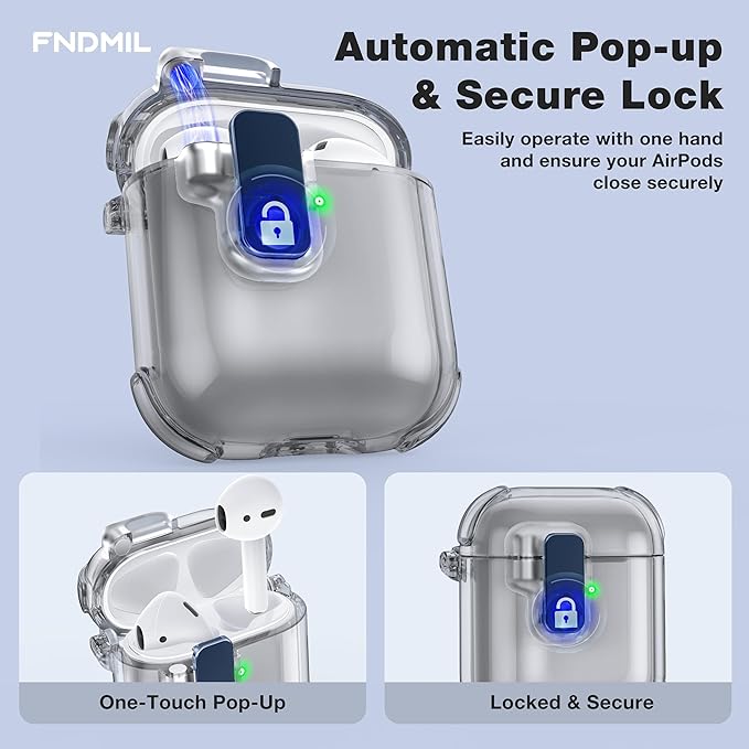 Case for AirPods 1/2 Case Cover with [Lock Safety & Pop Up][Military Shockproof] Anti-Yellow Transparent Soft TPU Wireless Charging for AirPods 1st/2nd Generation Case with Keychain,Clear Black