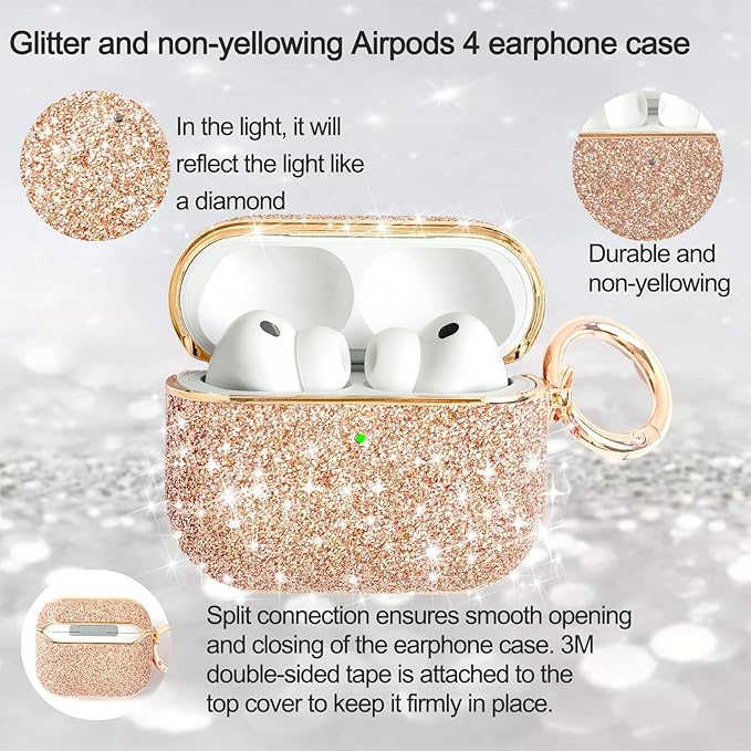 for Cute Glitter AirPods 4 Case for Women| Bling Hard Airpod iPods 4 Cases | with Keychain | Sparkly Rhinestone Air Pods 4 Generation Case for Women Girl- Model A3058/A3059(Champagne)