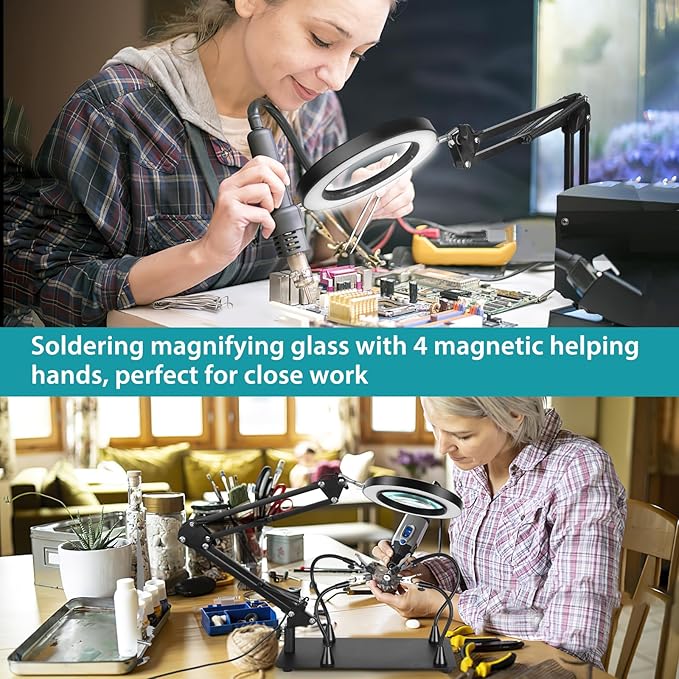 Helping Hands Soldering Station, 10X Magnifying Glass with Light and stand with 4 Magnetic Third Hand Soldering Tool, PCB Holder Magnifier Desk Lamp for Soldering Repairing Jewelry Crafts