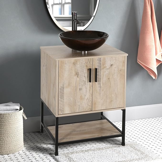 eclife 24" Bathroom Vanity Sink Combo Modern Metal Stand Cabinet W/Bottom Shelf Brown Round Vessel Sink & Water Save Faucet & Pop Up Drain, Oak (A09)