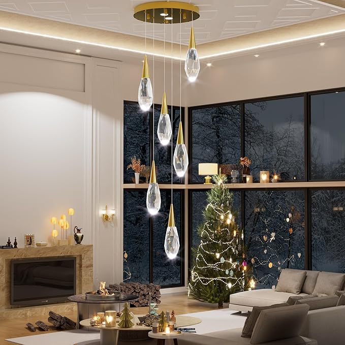 Modern Crystal Chandelier 6-Lights Pendant Chandeliers for Staircase Chrome Kitchen Pendant Light Fixture Hanging Lighting for Dining Room Living Room Bedroom Entryway