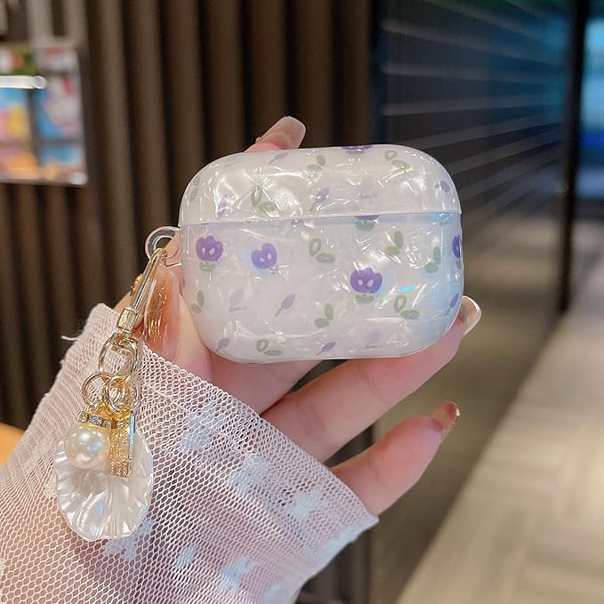 Cute Airpod Pro 2 Case Flower with Shell Pearl Keychain Floral Marble Hard TPU Protective Cover Compatible with AirPods Pro 2nd Generation Case for Girls Women (Tulip Purple)