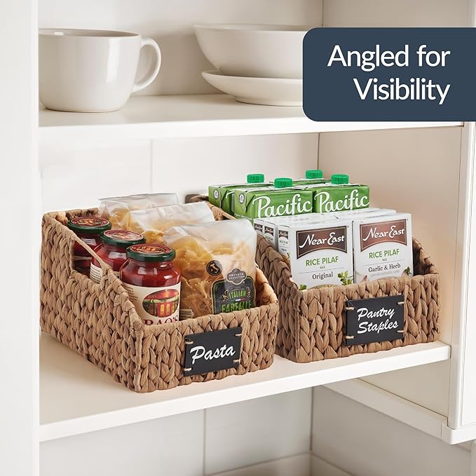 Best Choice Products Natural Hyacinth Angled Pantry Storage Baskets, Woven Wicker Storage Bins w/Handles, Storage Container Baskets for Shelves, Chalkboard Label & Marker (Pack of 2) - Chestnut