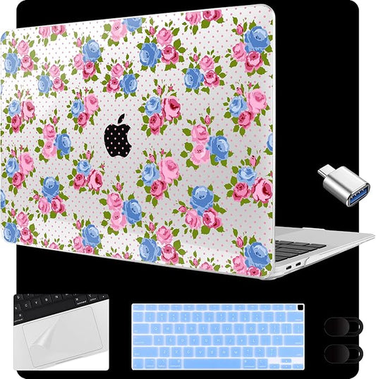 MEEgoodo for MacBook Air 13.3 inch Case 2021 2020 2019 2018 A2337 M1 A2179 A1932, Laptop Shell for MacBook Air M1 with Keyboard Webcam Cover & Trackpad Film & Type C Adapter,Shabby Chic Rose
