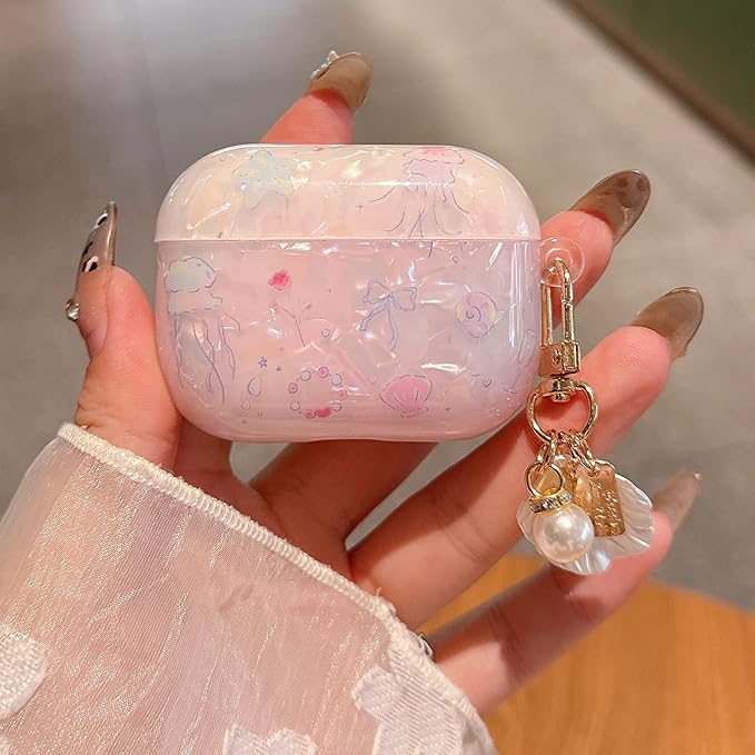 for AirPod Pro 3 Case 2025 Cute Shell Pearl Ocean Design for Women Girls TPU Protective Cover with Keychain Compatible for AirPods Pro 3rd Generation (Glitter Jellyfish)