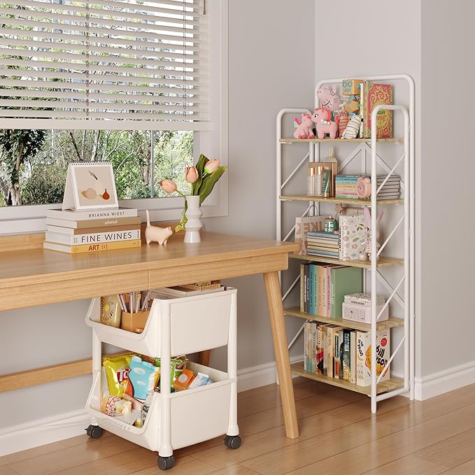JSB 5 Tier No Assembly Folding Bookshelf, Foldable Storage Bookcase for Home Office, Space-Saving Storage Shelf for Living Room, Bedroom (White, 5-Tier)