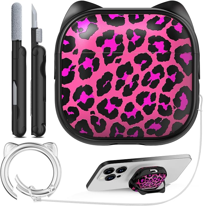 RFUNGUANGO AirPods 4 Case for Women Girly Cat Case with Lock, Phone Stand, Keychain & Cleaner Kit, Compatible with Apple Airpods 4th Generation Case Cover, Rose Red Leopard Print