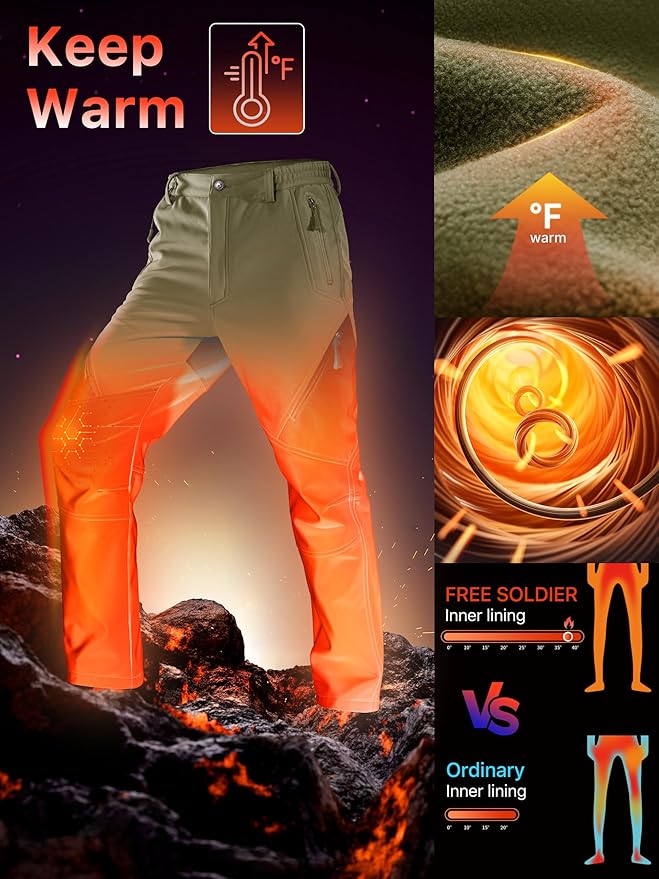 FREE SOLDIER Men's Fleece Lined Outdoor Cargo Hiking Pants Water Repellent Softshell Snow Ski Pants with Zipper Pockets