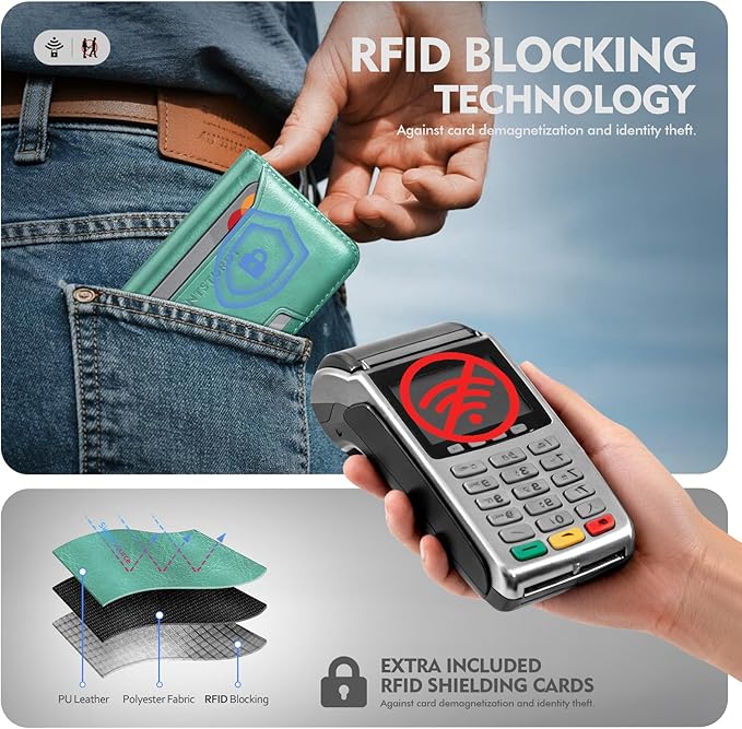 Antsturdy for Magsafe Wallet Stand with Holder,PU Leather RFID Blocking Card Holder,5 Card Slots,Strong Magnet Minimalist Flip Folio Kickstand for iPhone 17/16/15/14/13/12/Pro/Max/Plus/Air,Blue Green